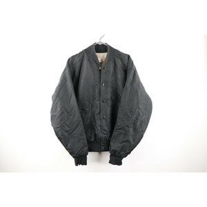 Vintage 70s Felco XL Distressed Sherpa Fleece Lined Satin Bomber Jacket Black